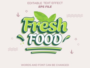 Taze yemek metni efekti, yazı tipi düzenleme, tipografi, gıda endüstrisi için 3D metin. vektör şablonu