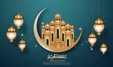 Hilal ay ve camiye sahip gerçekçi bir Ramazan geçmişi var, fener, bayrak için, tebrik kartı.