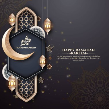 İslami desenli gerçekçi ramazan arkaplanı, fener, bayrak için, tebrik kartı