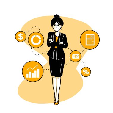 Muhasebe simgesi ve sembolleri olan bir muhasebecinin vektör çizimi