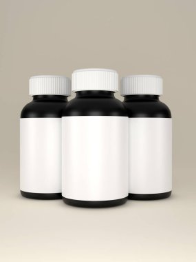 3 boyutlu görüntüleme. Beyaz arka planda beyaz ilaç şişesi modeli. Tıp konsepti. 3d illüstrasyon