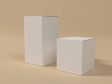 Gri arkaplan üzerinde iki beyaz karton kutu 3D görüntüleme