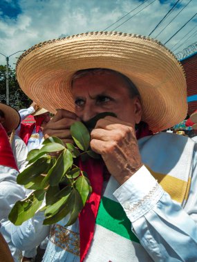 Neiva, Huila, Kolombiya - 30 Haziran 2024 - Latin kahverengi adam San Pedro Festivali geçit töreninde ağaç yaprağıyla müzik yapıyor