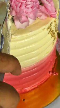 Doğum günü partisinde el kesimi beyaz pasta.