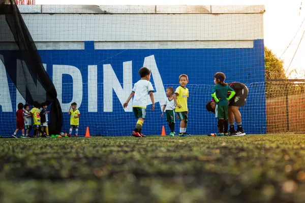 Neiva, Huila, Kolombiya - 6 Ağustos 2024 - Sarı üniformalı küçük Latin çocuklar sentetik bir alanda futbol oynuyorlar