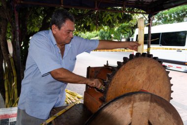 Yaşlı Latin adam Guarapo 'yu kereste fabrikasında hazırlıyor.