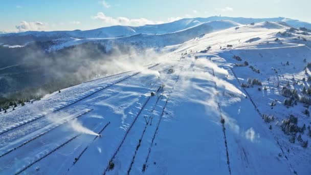 Artificial Snow Production Mountain Austria Using Several Snow Guns — Stock Video