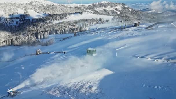 Artificial Snow Production Mountain Austria Using Several Snow Guns — Stock Video