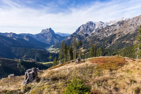 Idyllic mountain landscape with cabins and autumn colors. Location is the Gesaeuse national park in Styria, Austria