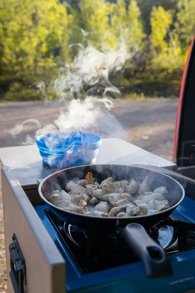 Cooking and frying chicken meat with a simple kitchen setup of a campervan while stopping in the nature during an roadtrip journey