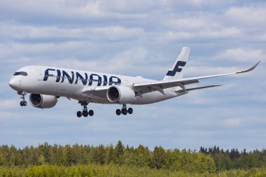 Helsinki, Finland - June 5, 2023: Modern Airbus A350 widebody aeroplane of finnish airline Finnair arriving after a long haul flight clipart