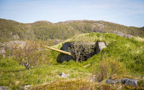 Bunkers for navy guns at Skrolsvik Fort at Senja Island in Norway. Historic site of former German army from World War 2.
