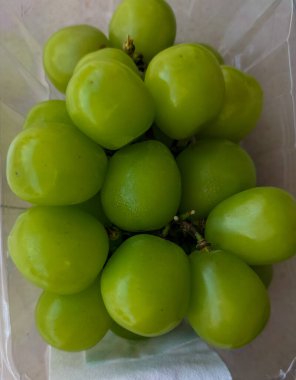 Seçici odaklanma. Beyaz arka planda şeffaf kutu ambalajında taze kaliteli üzüm. Tatlı meyveler..