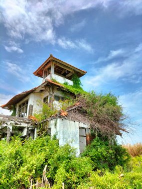 Kalın otlarla kaplanmış eski, harap bir ev. Boş ev, geriye insanlar kalıyor. Parlak güneş.