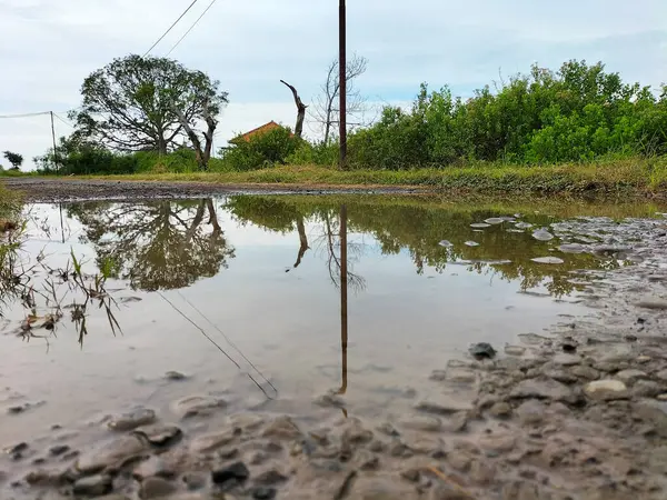 Selective focus. Broken road with puddles and village view in Indonesian agricultural area. Old broken road.