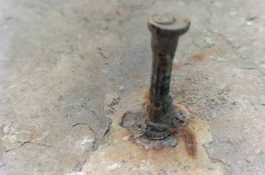 Betondan bir duvara sıkışmış paslı çivilerin yakın görüntüsü. Yıpranmış ve oksitlenmiş yıpranma.