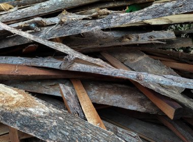 Doğranmış odunlara yakın çekim. Yakacak odun yığıldı ve kış için hazırlandı. Ağaç kütükleri yığını. Doğal ahşap zemin. 