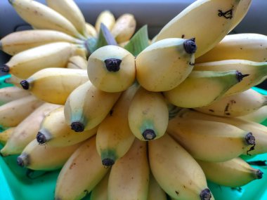 Seçici odaklanma. Pisang Mas (Musa acuminata). Markette satılan sarı muzlar. Pazarda taze meyve satılıyor. Taze tatlı muz.