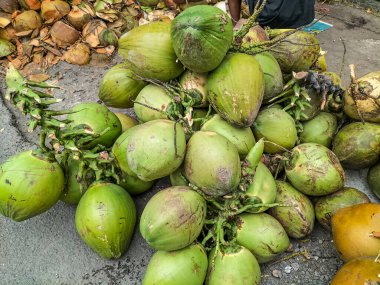 Hindistan cevizi meyvesinin yakın görüntüsü sokak yemeklerinde lezzetlidir. Taze bir içecek için bir yığın taze hindistan cevizi..