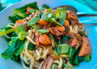 Beyaz kasede servis edilen köfteli Endonezya köftesi yakından görülüyor. Bakso. Köfte. Mie ayam. Tavuklu erişte. Endonezya tavuklu erişte. Lezzetli yemek..