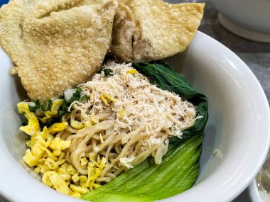 Yeşil hardal dilimli Asya usulü tavuklu şehriyeli erişte hamuru ve üzerine beyaz bir kasede kızarmış soğan serpiştirilmiş leziz ev yapımı yemek. Çin yemeği..