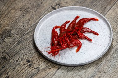 İspanyol, taze, çiğ, kırmızı karides Camarones Rojo 'nun önerisi.