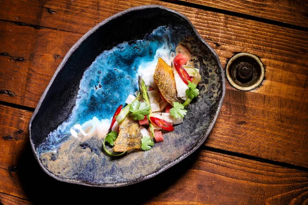 stock image Masurian zander ceviche with watermelon ponzu and truffles