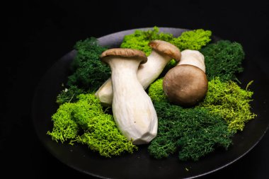 Taze mantar sunumu shimeji beyaz, kahverengi ve kral istiridye mantarları