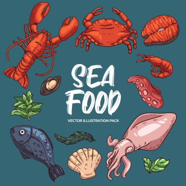 Deniz Ürünleri Okyanus Vektörü İllüstrasyon Paketi farklı deniz ürünleri koleksiyonunu betimler