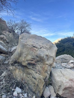 Kayalık bir bölgenin ortasında büyük bir kaya parçası.
