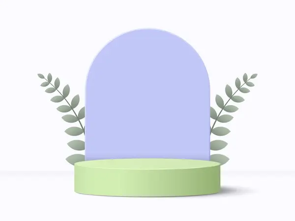 3D yeşil podyum, menekşe arkaplan ve tasarım yapıyor. Soyut pastel renkli vitrin. Vektör illüstrasyonu
