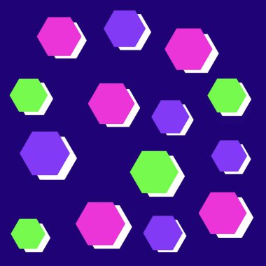 Pembe, mor ve yeşil altıgenler, koyu mavi arkaplanda beyaz gölgeler.