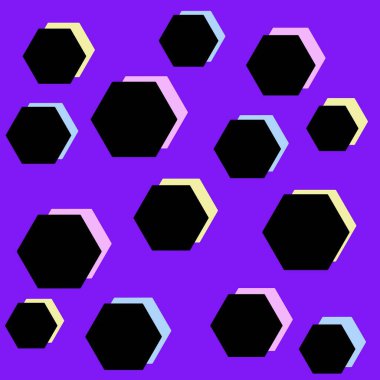 Siyah altıgenler mor arkaplanda pembe, mavi ve sarı gölgeler.