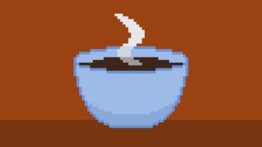 Mavi bir kasedeki sıcak bir içecekten yükselen buharın pikseli animasyonu