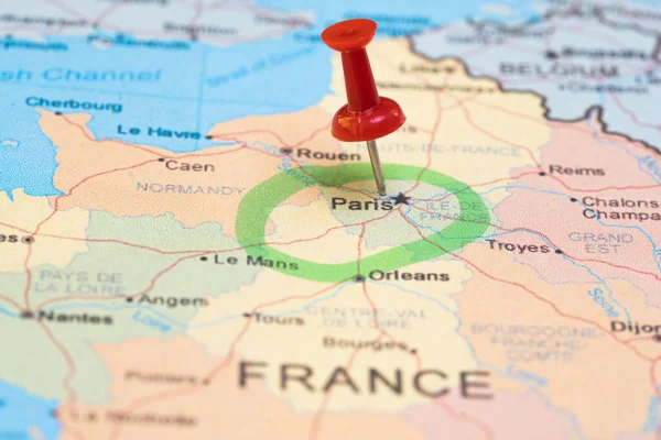 map with a pin in Paris, destination