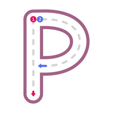 Alfabe harfi P büyük harf. Anaokulu ve anaokulu öğrencilerinin el yazısı çalışmaları için noktalı satır elementleri önceden yazılıyor.