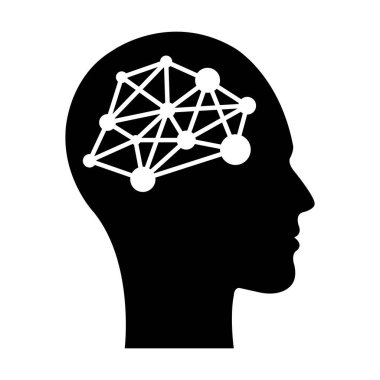 Yapay Zeka, insan yüzünün bilgisayar ve teknoloji silueti çizimi için dijital çipi olan yapay zeka simgesi.