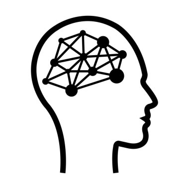 Yapay Zeka, insan yüzünün bilgisayar ve teknoloji silueti çizimi için dijital çipi olan yapay zeka simgesi.