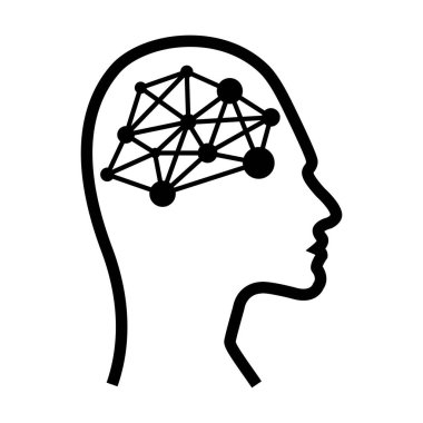 Yapay Zeka, insan yüzünün bilgisayar ve teknoloji silueti çizimi için dijital çipi olan yapay zeka simgesi.