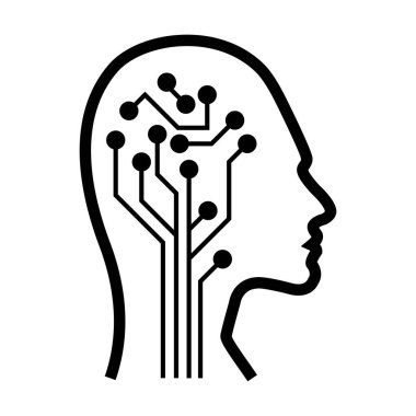 Yapay Zeka, insan yüzünün bilgisayar ve teknoloji silueti çizimi için dijital çipi olan yapay zeka simgesi.