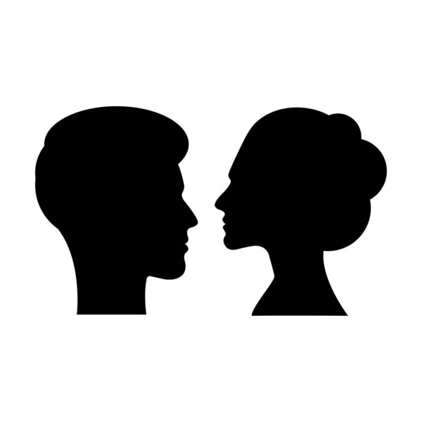 Man and woman face profile silhouette vector icon in a glyph pictogram illustration