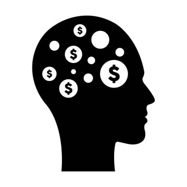 Yapay zeka finansmanı ve para zihin illüstrasyonu için yapay zeka implantı olan gelecekteki insan profili yüzünde dijital dolar simgesi. 