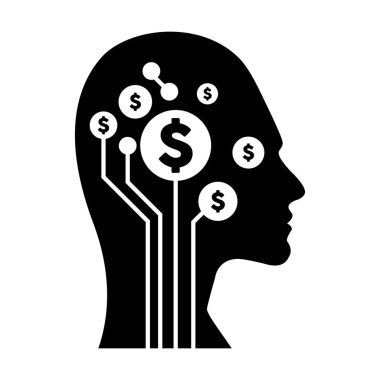 Yapay Zeka Para İllüstrasyonu için beyin çipi yerleştirilmiş gelecekteki insan profili üzerindeki dijital dolar işareti..