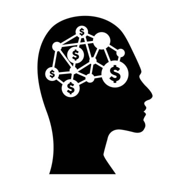 Bir insan profili yüzünde yapay zeka için beyin çipi implantı olan bir dolar işareti simgesi..