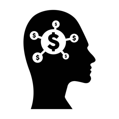 Bu bir dijital dolar sembolü. Fütürist bir insan profili üzerinde. Üzerinde yapay zeka finansmanı ve para aklının kabartma bir resim şeklinde resmedilmesi için beyin çipi var..