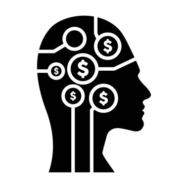 Finans ve para zihin çizimi için yapay zeka tasarımı. Fütürist bir insan profiline dijital dolar işareti olarak betimlenmiş..