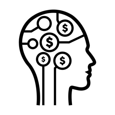 Yapay zeka finansmanı ve para zihin illüstrasyonu için yapay zeka implantı olan gelecekteki insan profili yüzünde dijital dolar simgesi. 