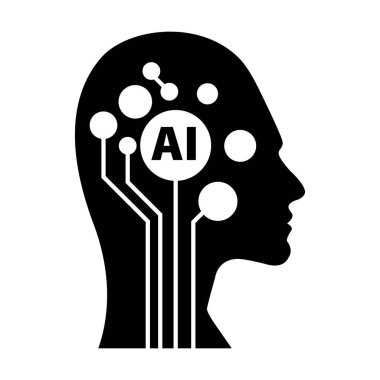 Yapay Zeka, bilgisayar ve teknoloji silüeti için beyninde dijital çip olan kadın insan yüzünün yapay zeka simgesi.