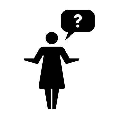 Soru işareti simgesi olan kişi, faq, help, ask ve müşteri hizmetleri sembolü pictogram insan çizimi için kadın vektör işareti