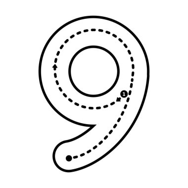 Anaokulu ve anaokulu öğrencileri için el yazısı etkinliği için noktalı matematik çalışma kağıdının 9 numaralı ön yazısının izini sürüyorum. 